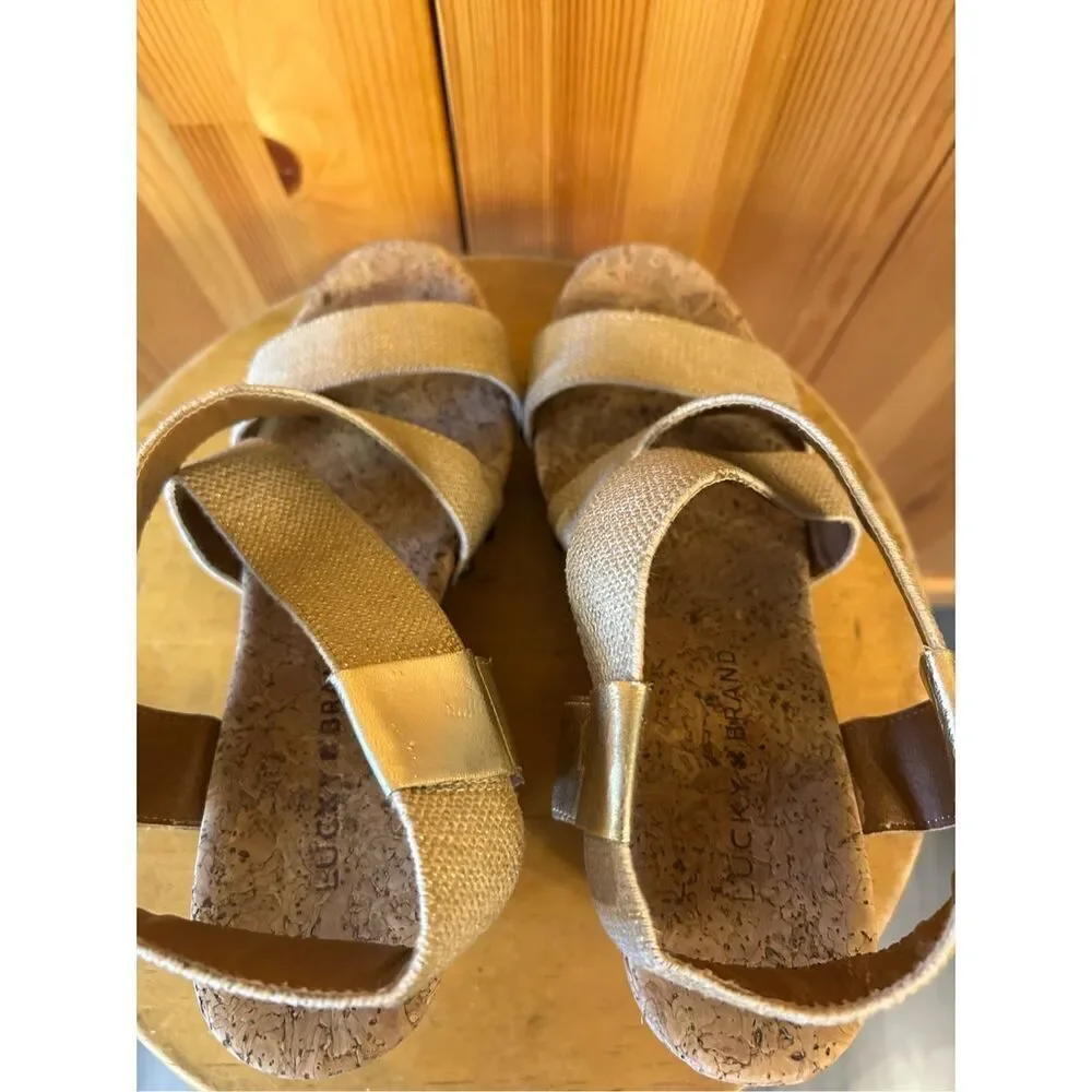 Lucky Brand Sandals Womens 8.5B Marla Cork Wedge Cross Strap Slingback Beige